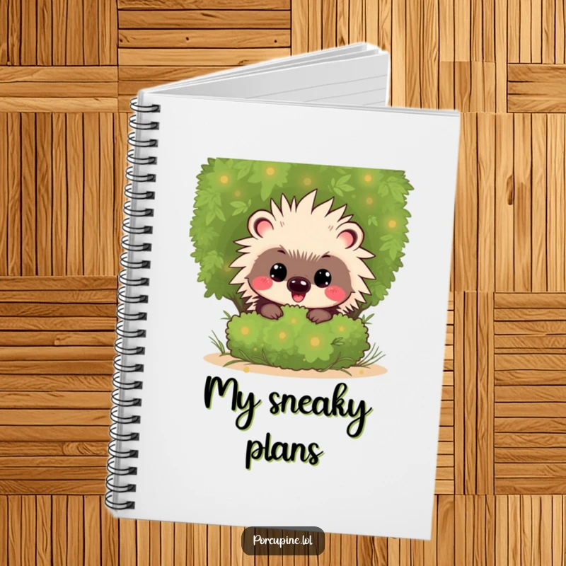 Funny Kawaii Porcupine Notebook: Cute cartoon porcupine with a mischievous grin, peeking from behind a shrub, ideal for journaling.