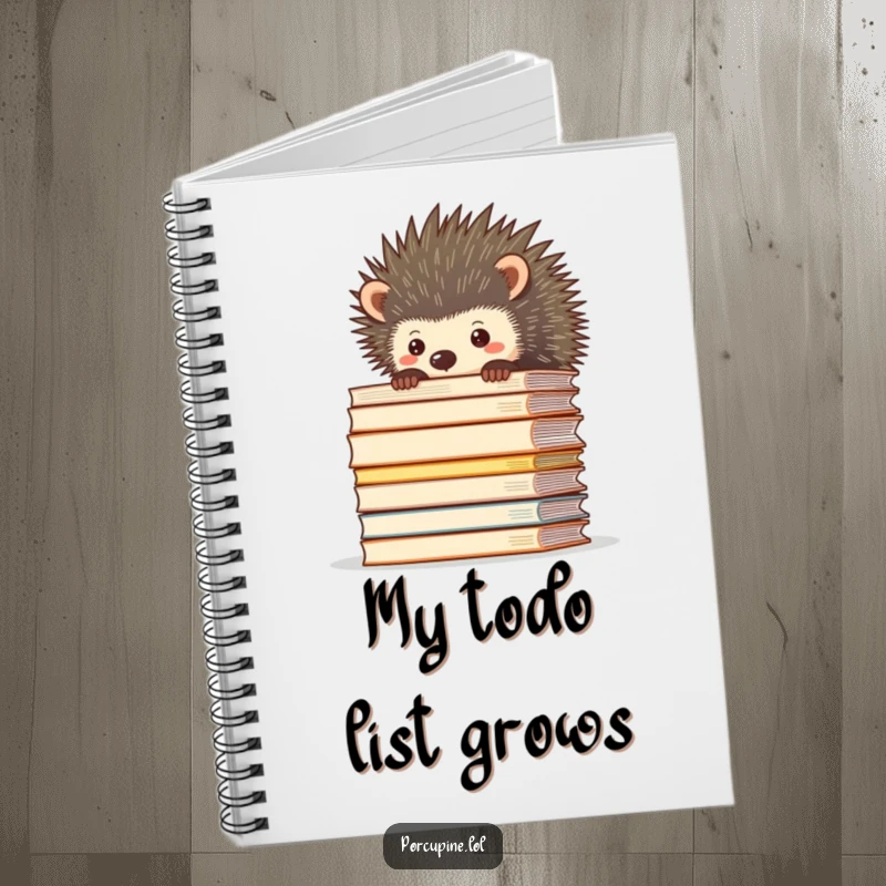 Funny notebook cover showing a porcupine peeking over a large stack of files, encouraging organized note-taking.