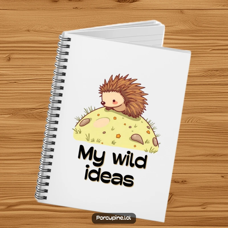 Funny notebook cover featuring a porcupine joyfully rolling down a hill, ideal for capturing notes with a humorous flair.