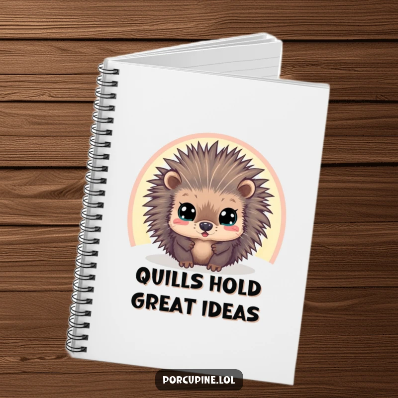 Funny notebook cover with a wide-eyed porcupine peeking through a colorful rainbow, ideal for journaling and humorous note-taking.