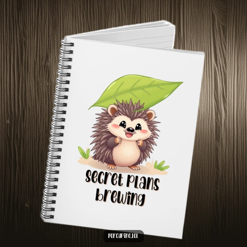 Funny notebook with a porcupine peeking from behind a leaf with a grin, perfect for jotting down ideas with a humorous and charming twist.