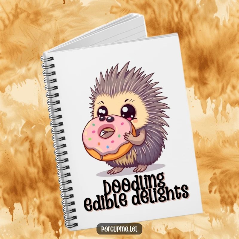 Funny notebook with a porcupine featuring enormous eyes clutching a large donut, inspiring sweet thoughts and creative ideas.