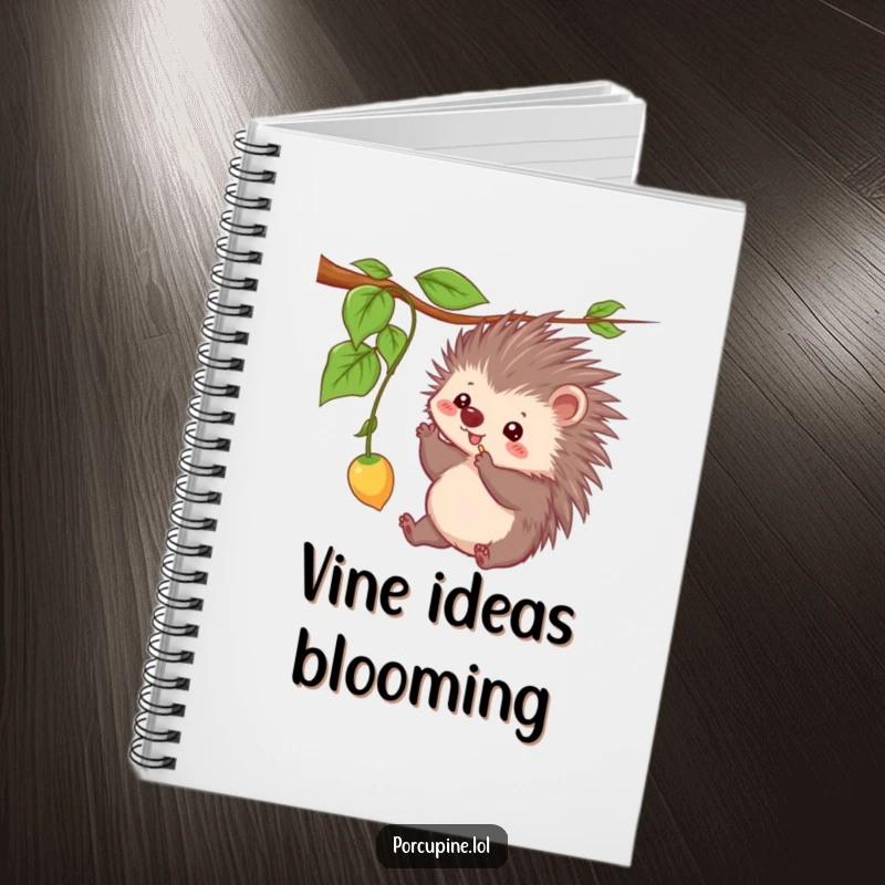 Funny notebook featuring a kawaii porcupine playfully batting at a dangling vine, ideal for jotting down funny notes.
