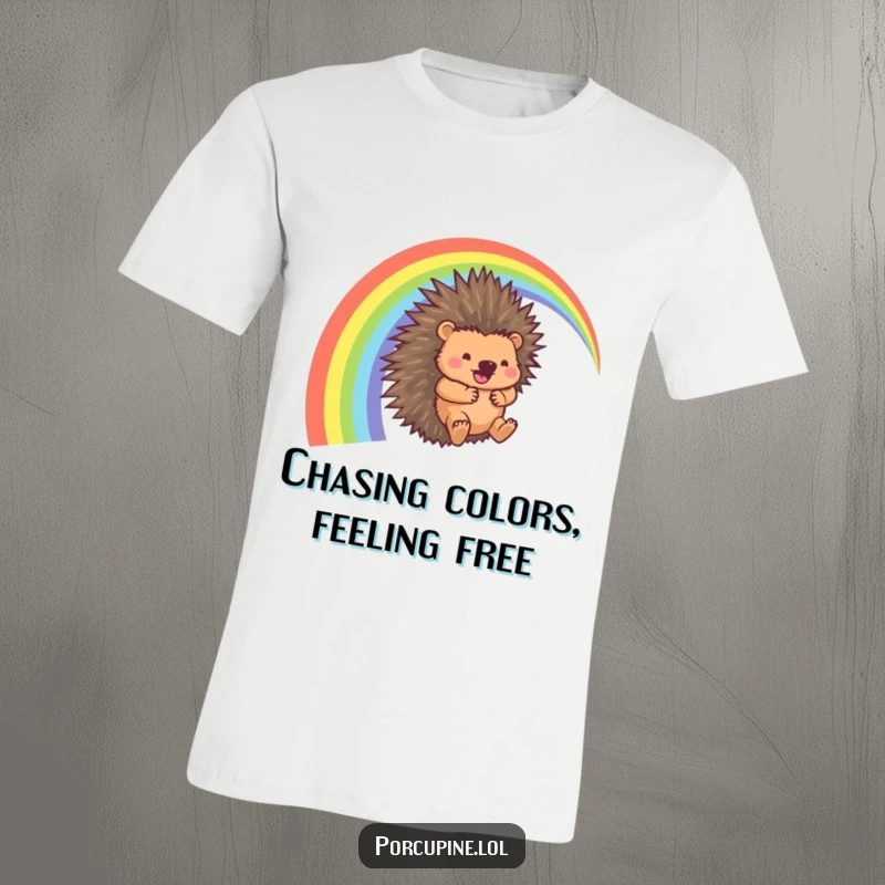 Funny Porcupine T-Shirt: A porcupine gleefully sliding down a rainbow arc with a whooshing sound, embodying pure, funny happiness.
