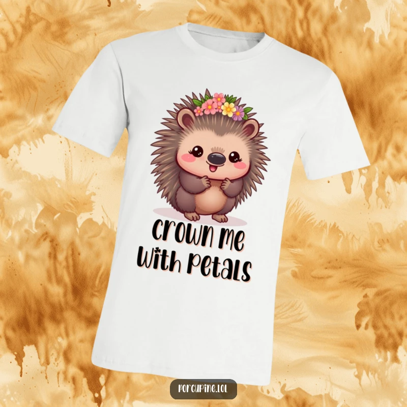 Funny Kawaii Porcupine T-Shirt: An adorable porcupine wearing a tiny flower crown, looking supremely pleased and radiating prickly happiness.