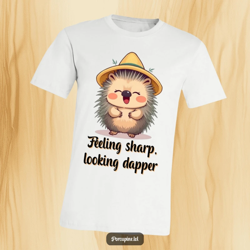Funny T-shirt depicting a porcupine wearing a straw hat and giggling, showcasing a charming and humorous personality.