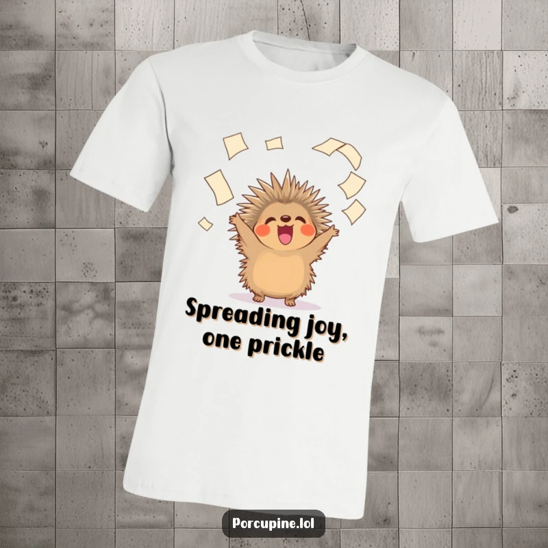 Funny t-shirt with a gleeful porcupine gleefully flinging papers skyward, a symbol of delightful office de-stressing.
