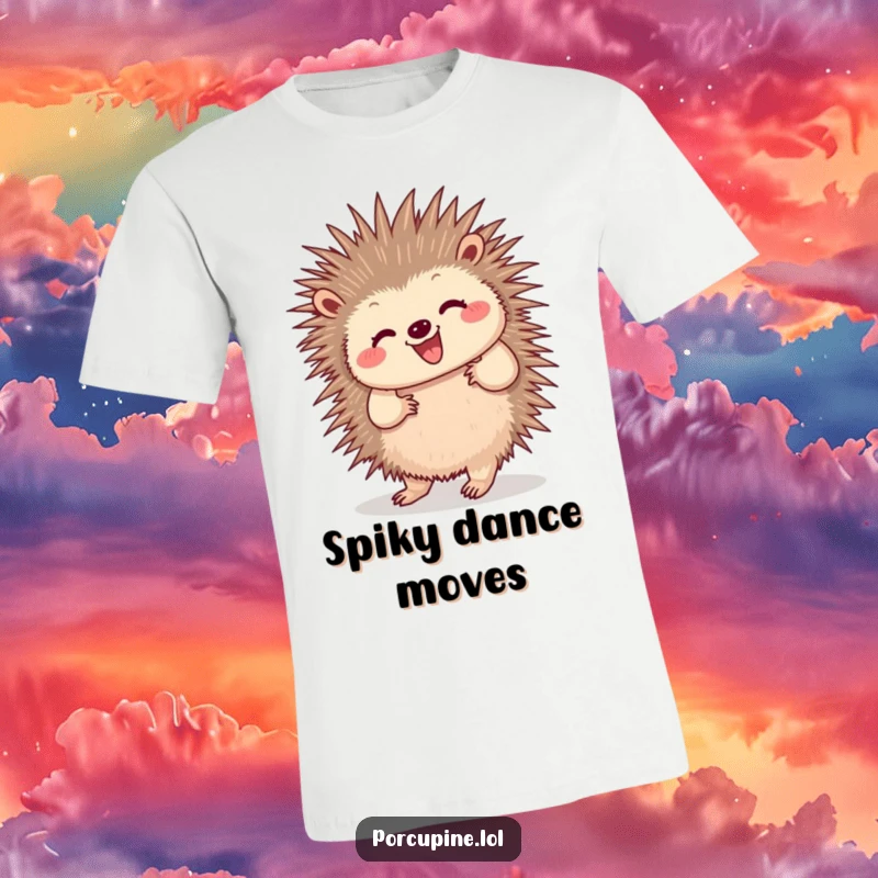 Funny t-shirt featuring a porcupine doing a happy little dance, quills wiggling playfully, ensuring smiles and chuckles for the wearer and onlookers.