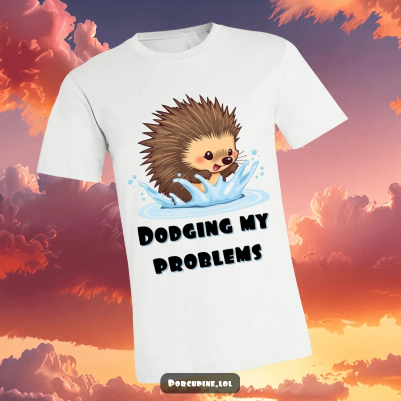 Funny dodging porcupine t-shirt depicting a porcupine playfully jumping back to avoid a water splash, illustrating quick wit and humor.