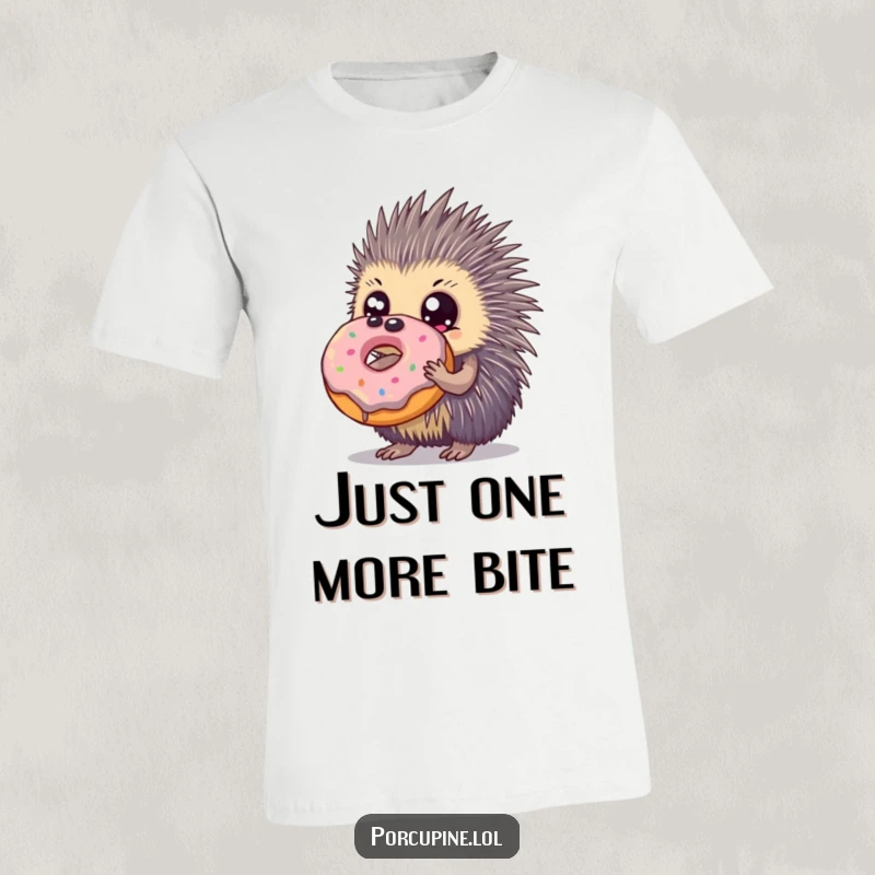 Funny t-shirt showcasing a porcupine with enormous eyes lovingly holding a massive donut, a symbol of sweet indulgence.