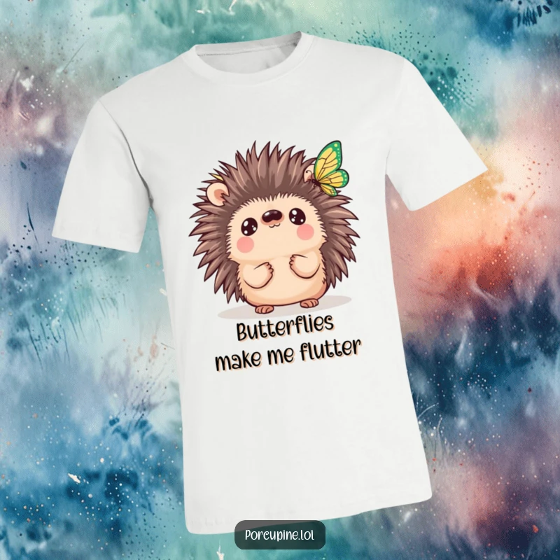 Funny Kawaii Porcupine T-Shirt: An adorable porcupine with wide eyes gazes at a whimsical butterfly, capturing a moment of pure, prickly fascination.