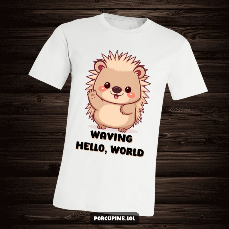 Funny t-shirt showing a cheerful kawaii porcupine waving its paw, a design radiating friendliness and humor.