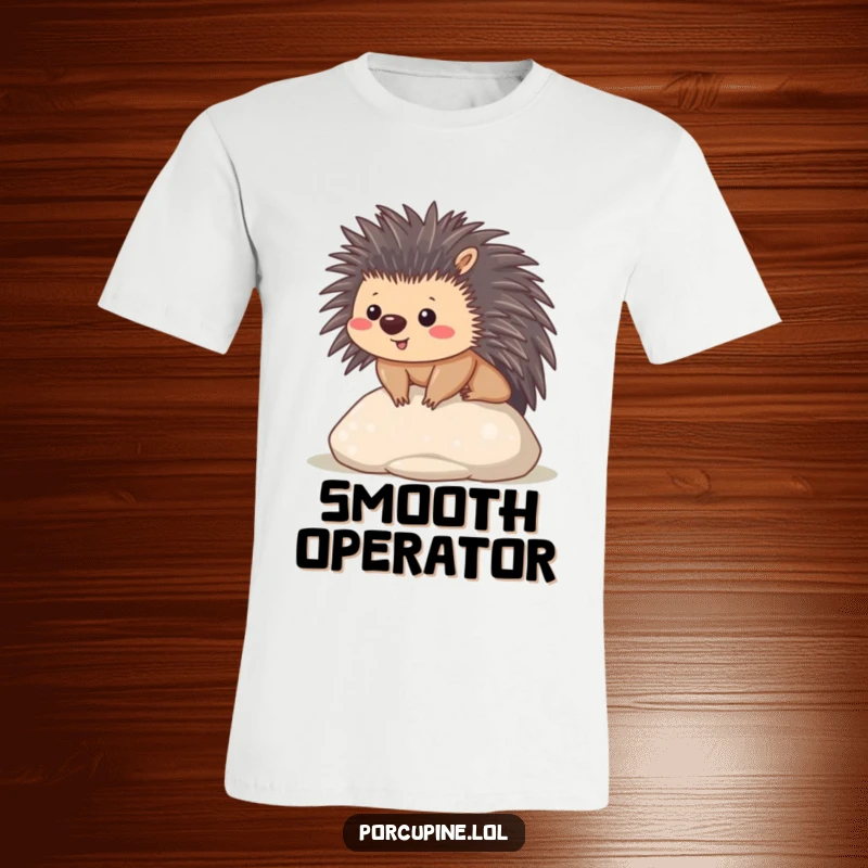 Funny t-shirt showing a content kawaii porcupine sitting peacefully on a smooth stone, a design radiating calm.