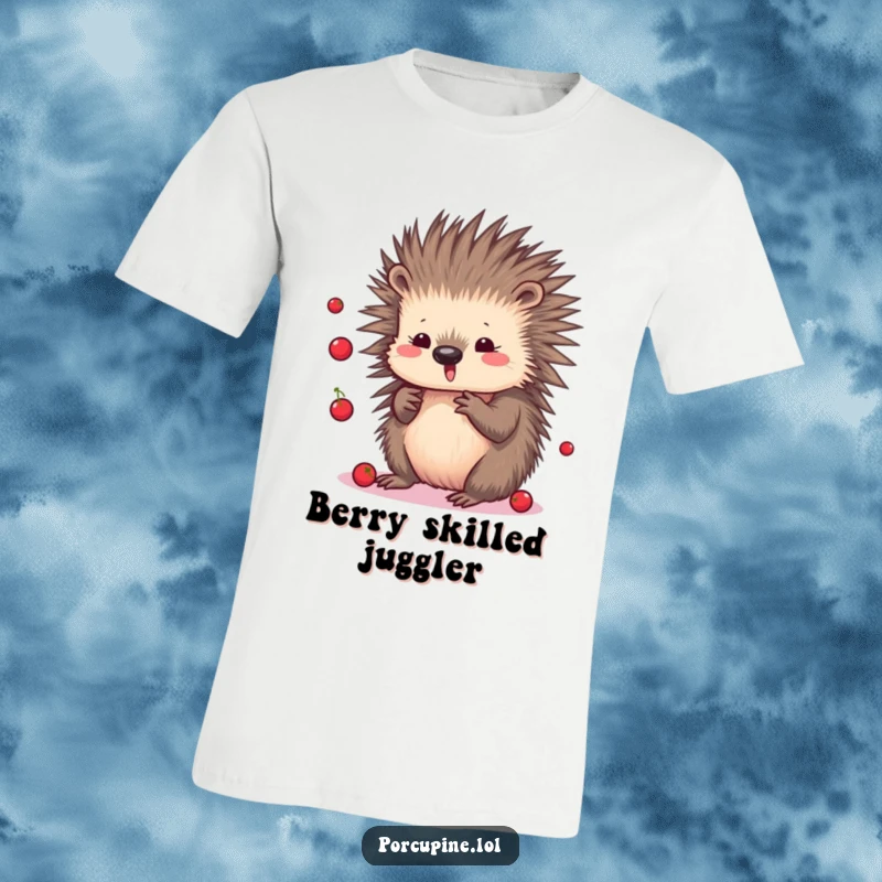 Funny Kawaii Porcupine T-Shirt: Adorable cartoon porcupine skillfully juggling tiny berries, radiating fun and a touch of mischief.