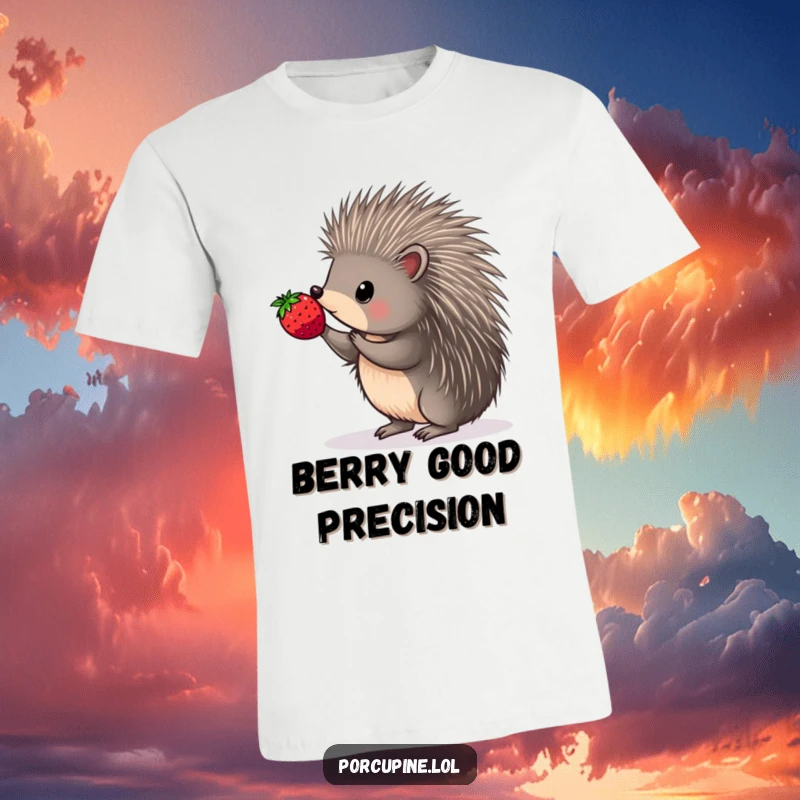 Funny t-shirt displaying a porcupine with incredible dexterity, balancing a ripe berry on the sharp point of a quill.
