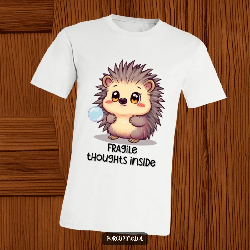 Funny T-Shirt with a wide-eyed porcupine mesmerized by a shimmering, floating bubble, capturing a moment of pure, delightful surprise.