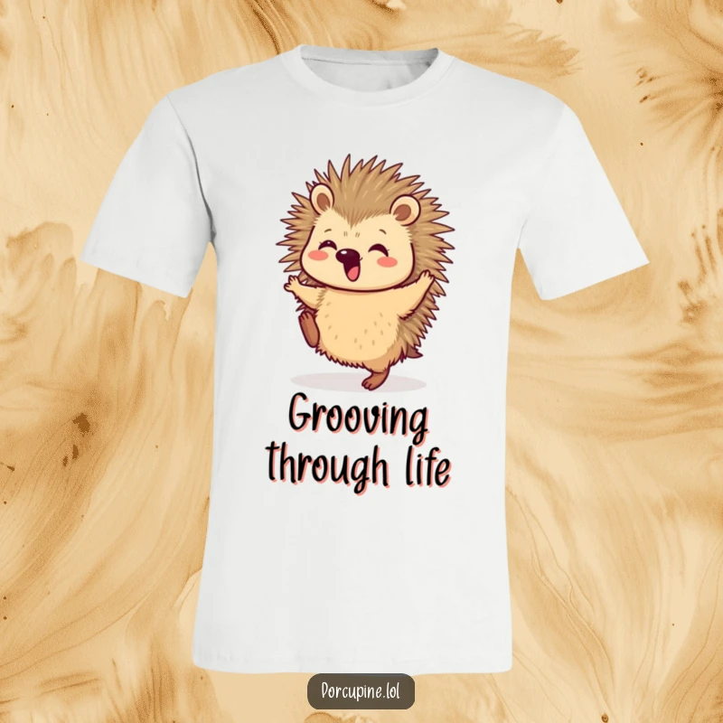 Funny T-Shirt featuring a porcupine enthusiastically dancing, its back legs playfully kicking in a moment of pure, unadulterated delight.