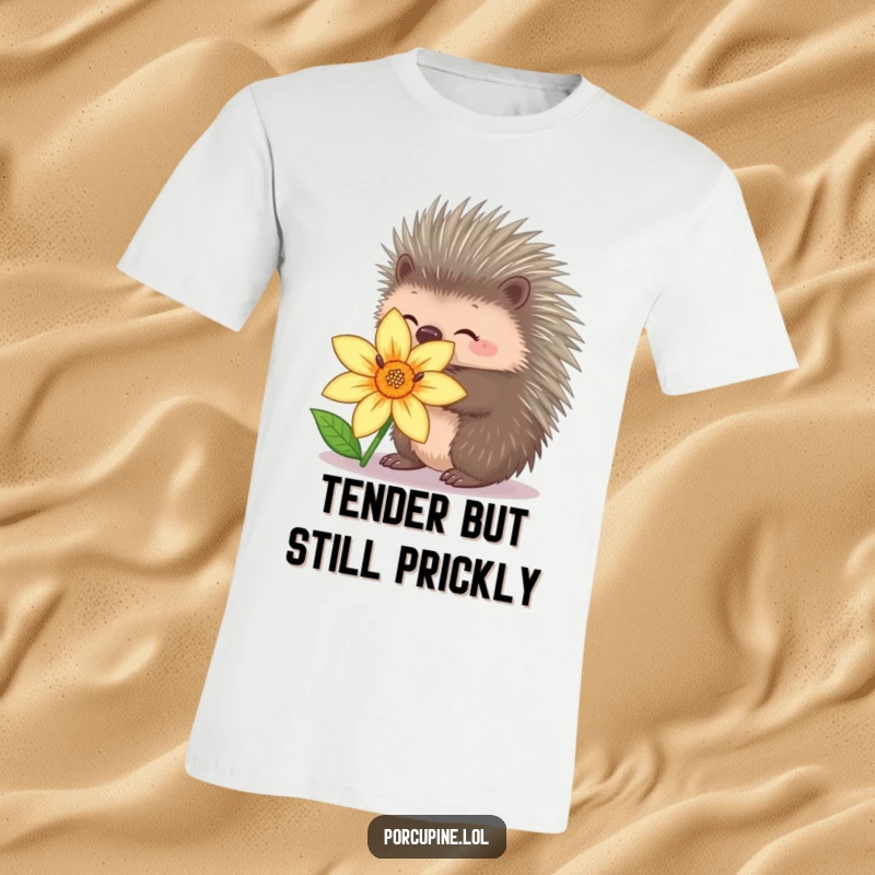 Funny porcupine t-shirt showing a porcupine with retracted quills attempting a gentle hug with a flower, full of sweet humor.