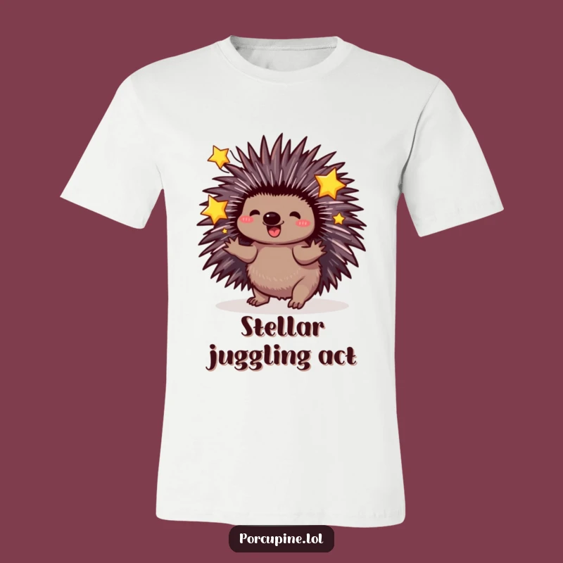 Funny Porcupine Juggling Stars T-Shirt: Whimsical and magical design for fun