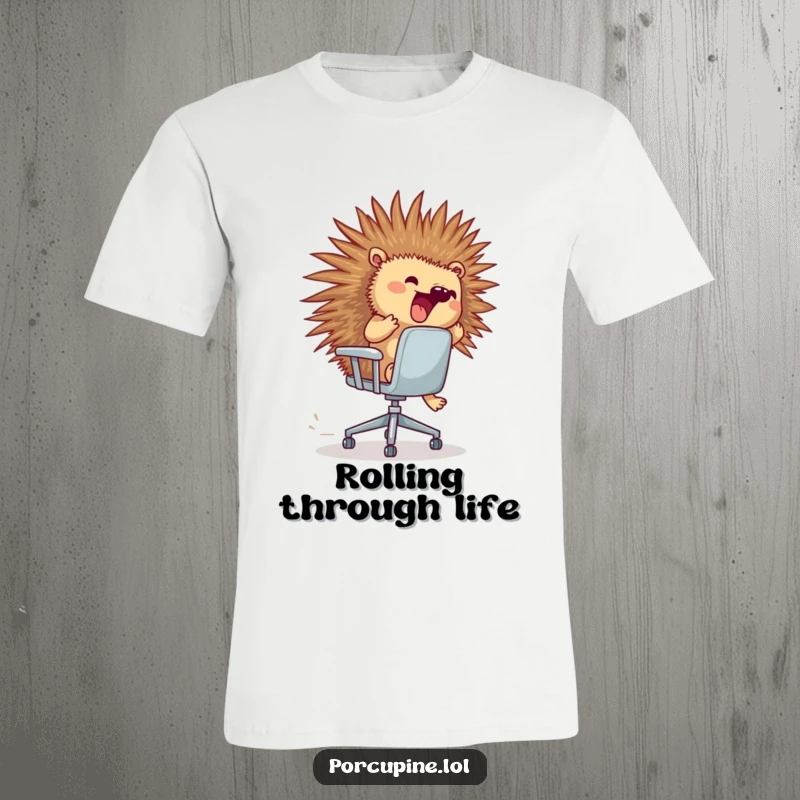 Funny porcupine t-shirt featuring a porcupine excitedly riding a runaway rolling office chair at high speed.