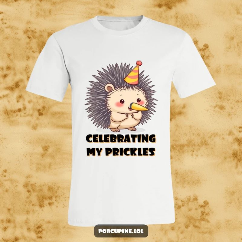 Funny porcupine t-shirt showing a porcupine in a party hat, enthusiastically blowing a small horn, radiating festive fun.