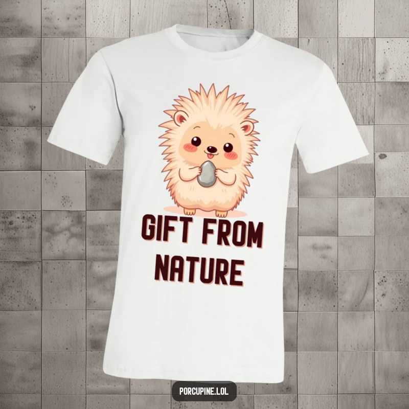 Funny t-shirt showcasing a porcupine happily presenting a single, shiny pebble, radiating kindness and playful pride.