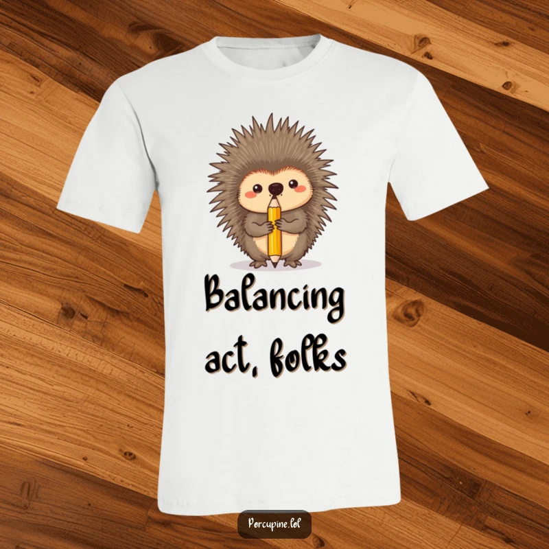 Funny T-shirt graphic of a porcupine concentrating deeply while balancing a pencil precisely on its nose.