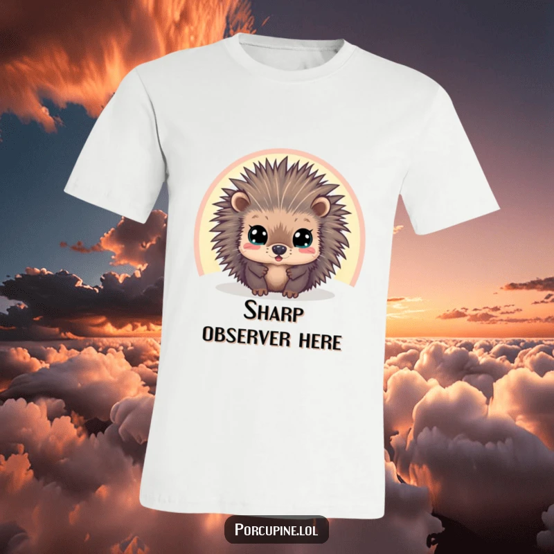 Funny t-shirt with a wide-eyed porcupine peeking through a vibrant rainbow, capturing a moment of innocent wonder and humor.