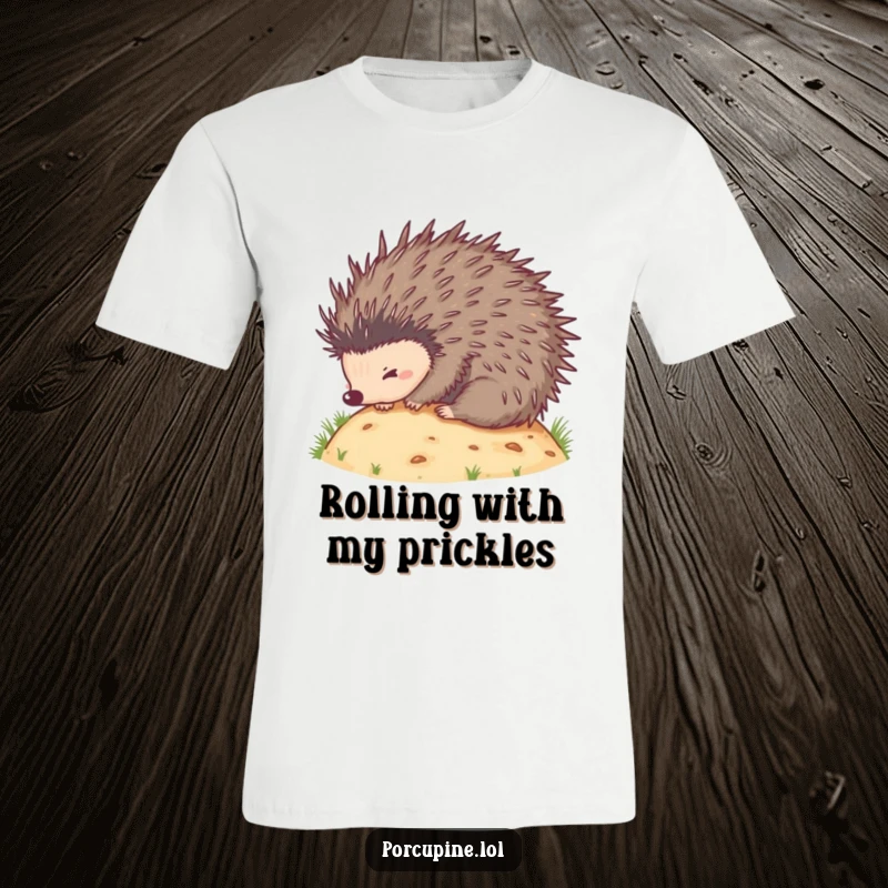 Funny t-shirt showcasing a delighted porcupine tumbling down a gentle slope, quills splayed, embodying pure, unadulterated fun.