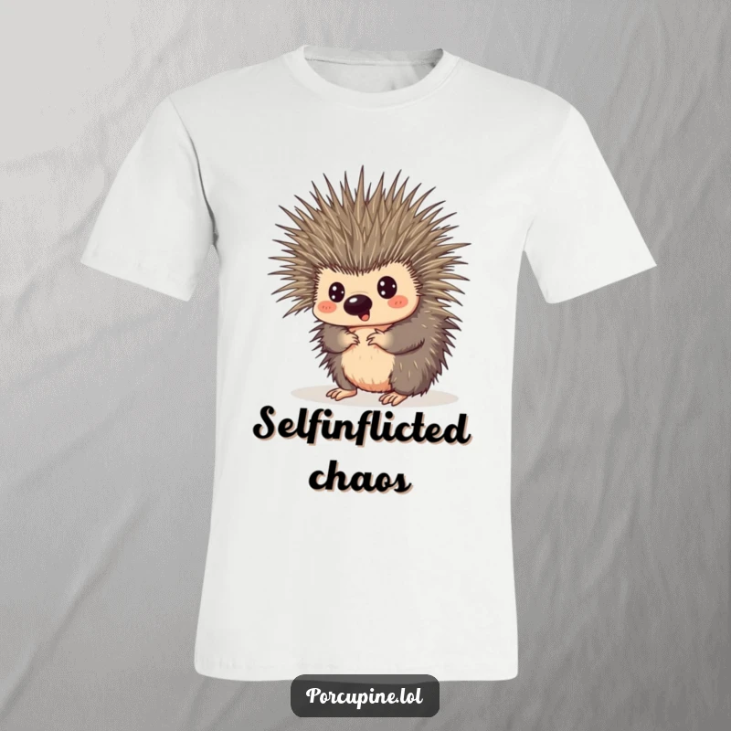 Funny t-shirt depicting a porcupine comically ensnared by its own quills, its wide eyes conveying a look of comical surprise.