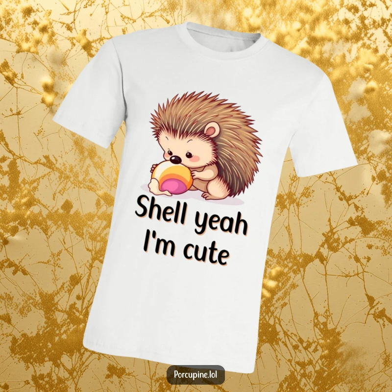 Funny seashell porcupine t-shirt depicting a porcupine curiously inspecting a vibrant seashell, evoking a sense of beach exploration and fun.