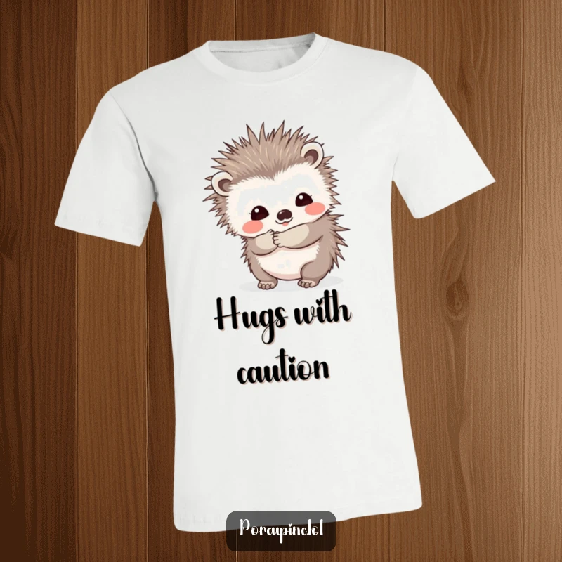 Funny t-shirt with a porcupine offering a prickly hug and a shy smile, designed to bring smiles and warm, humorous feelings to the wearer.