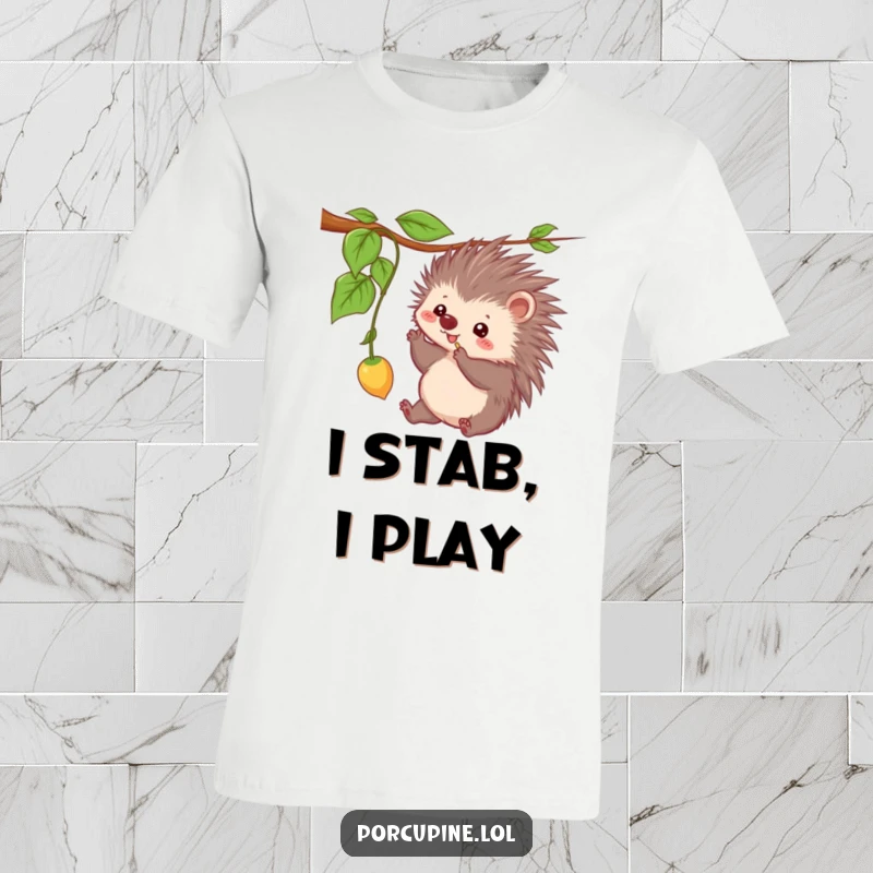 Funny t-shirt showcasing a kawaii porcupine playfully batting at a dangling vine, a delightful and humorous depiction.