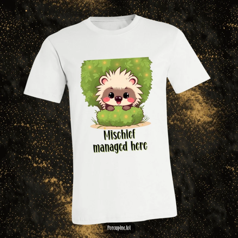 Funny Kawaii Porcupine T-Shirt: Adorable cartoon porcupine with a cheeky grin, peeking out from behind a bush, hinting at fun.