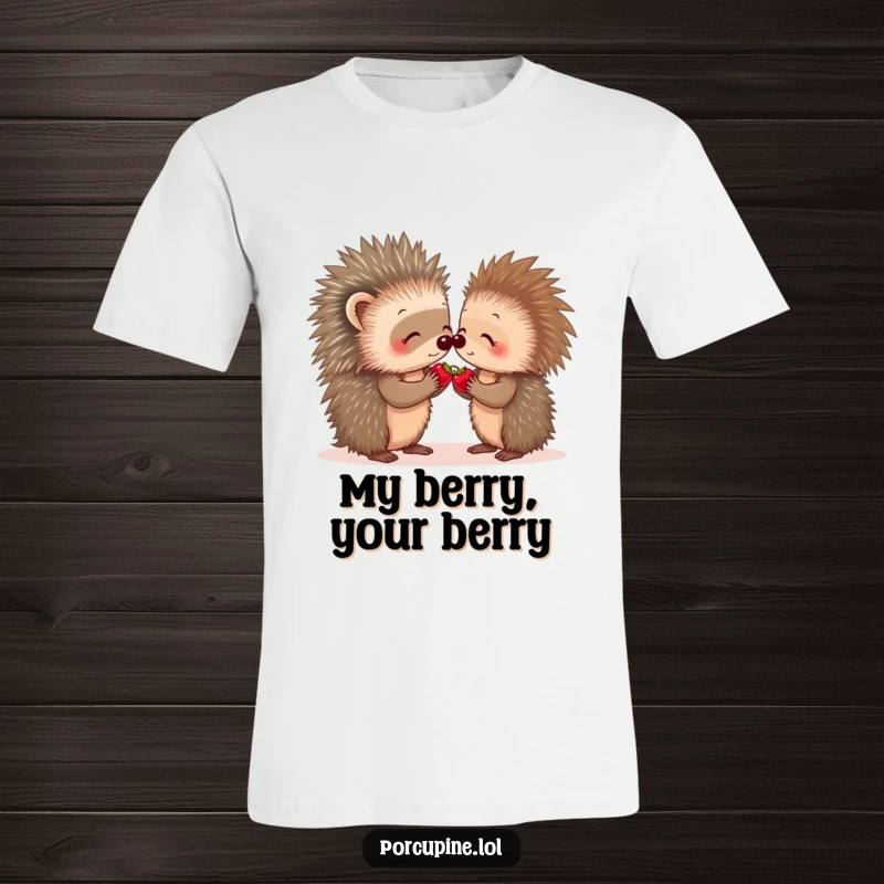 Funny porcupine t-shirt featuring two porcupines tenderly sharing a small berry, a cute and wholesome illustration of friendship.