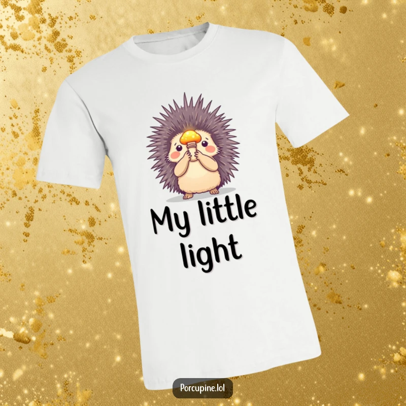 Funny t-shirt featuring a porcupine holding a small, glowing mushroom aloft, radiating a magical and whimsical aura.