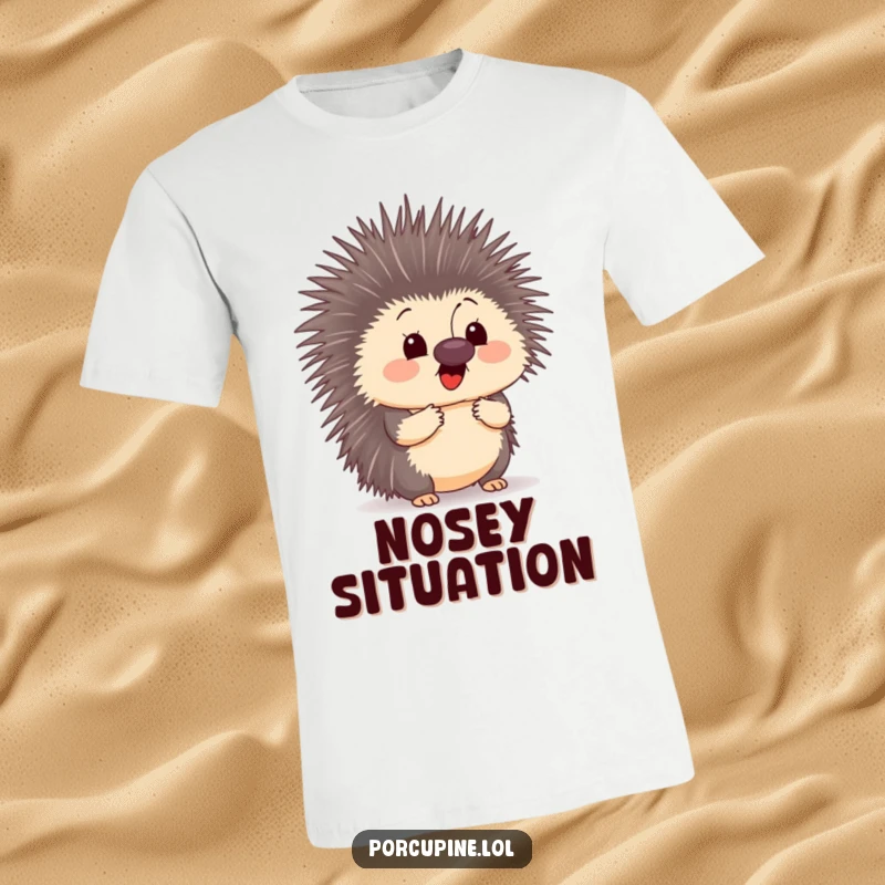 Funny t-shirt graphic of a porcupine with wide, surprised eyes as a butterfly lands gently on its nose.