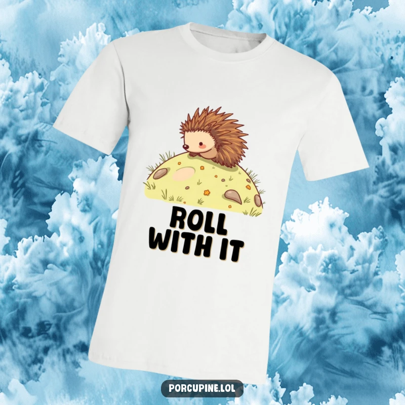 Funny t-shirt with a vibrant print of a porcupine joyfully rolling down a hill, perfect for expressing playful energy.