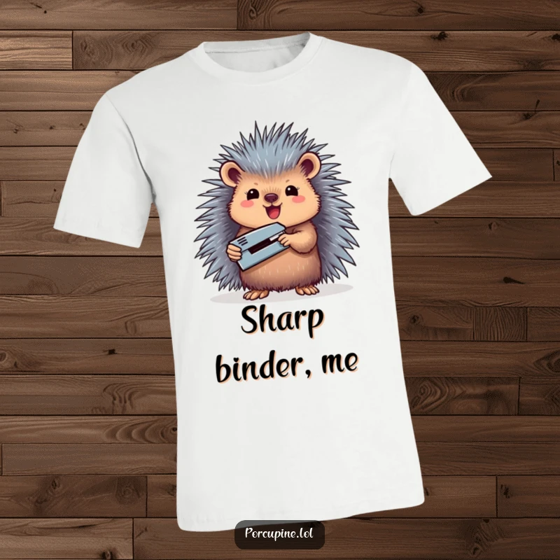 Funny T-shirt graphic of a porcupine triumphantly holding up a small miniature stapler, celebrating small victories.