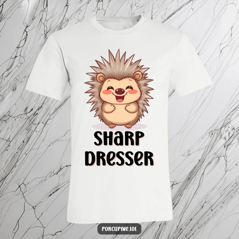 Funny Porcupine Quill T-Shirt: A grinning porcupine wiggling its quills, showcasing funny, happy energy.