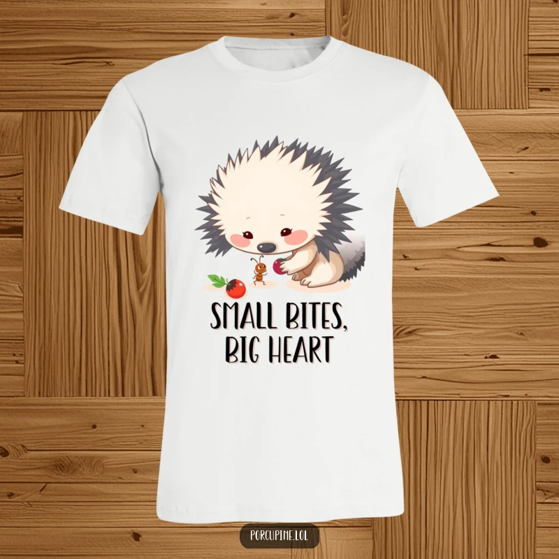 Funny t-shirt graphic of a porcupine sharing a berry with a tiny ant, celebrating generosity and sweet moments.