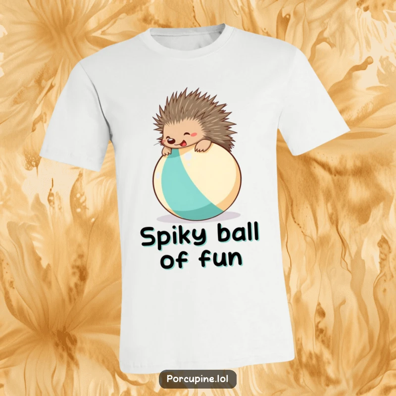 Funny porcupine t-shirt showing a contented porcupine gleefully bouncing on a vibrant beach ball, exuding pure summer fun.