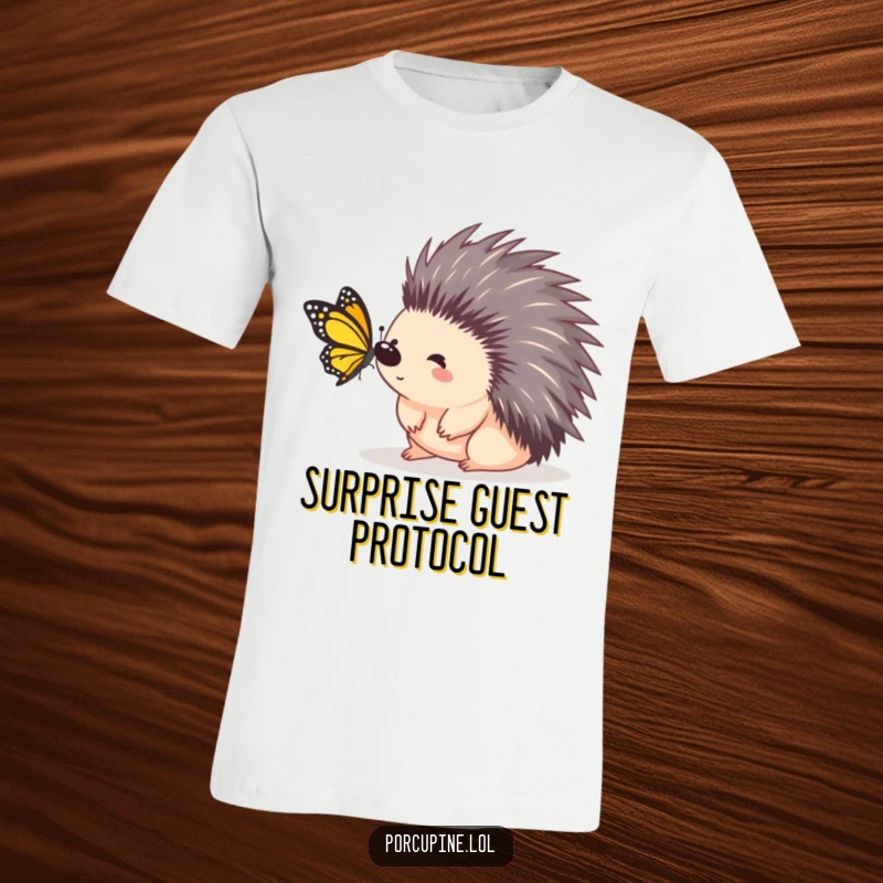 Funny porcupine t-shirt showing a porcupine with a surprised expression as a small butterfly lands gently upon it.