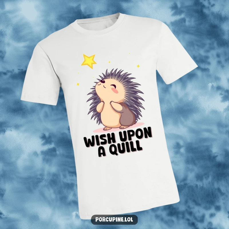 Funny porcupine t-shirt featuring a porcupine gazing upwards at a shining star with a look of pure wonder and aspiration.