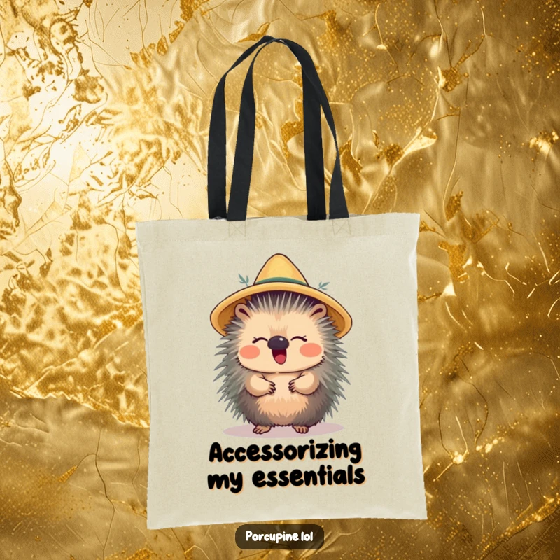 Funny tote bag featuring a porcupine wearing a straw hat and giggling, ideal for style and humor on the go.