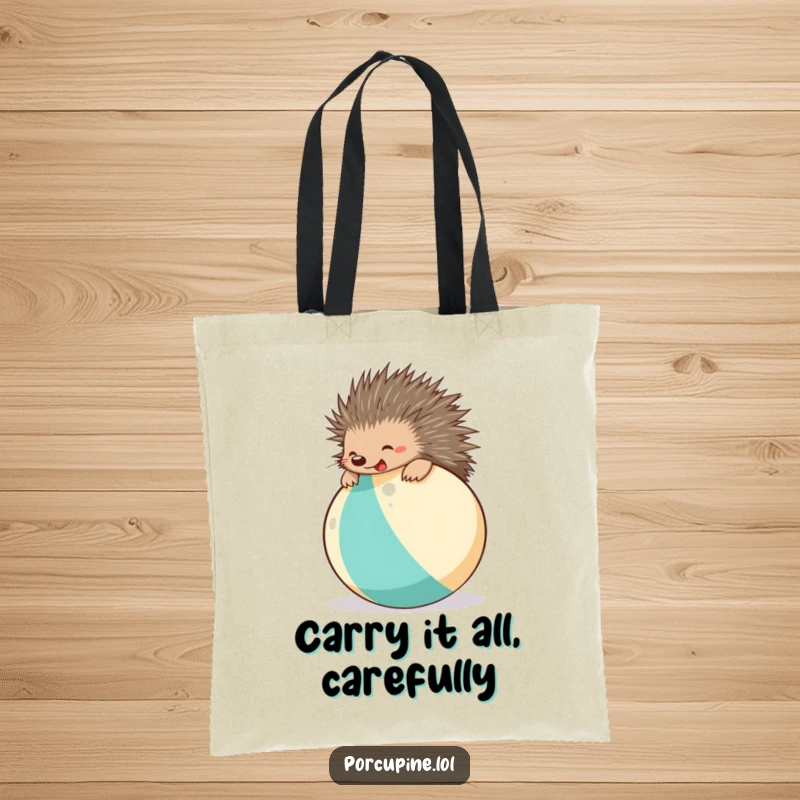 Funny beach ball porcupine tote bag featuring a happy porcupine energetically bouncing on a beach ball, perfect for carrying daily items.