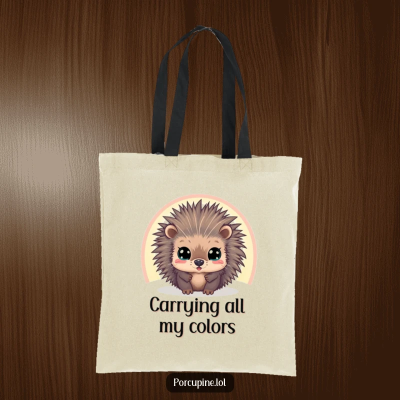 Funny tote bag depicting a wide-eyed porcupine gazing through a vibrant rainbow, a charming and humorous accessory for everyday use.