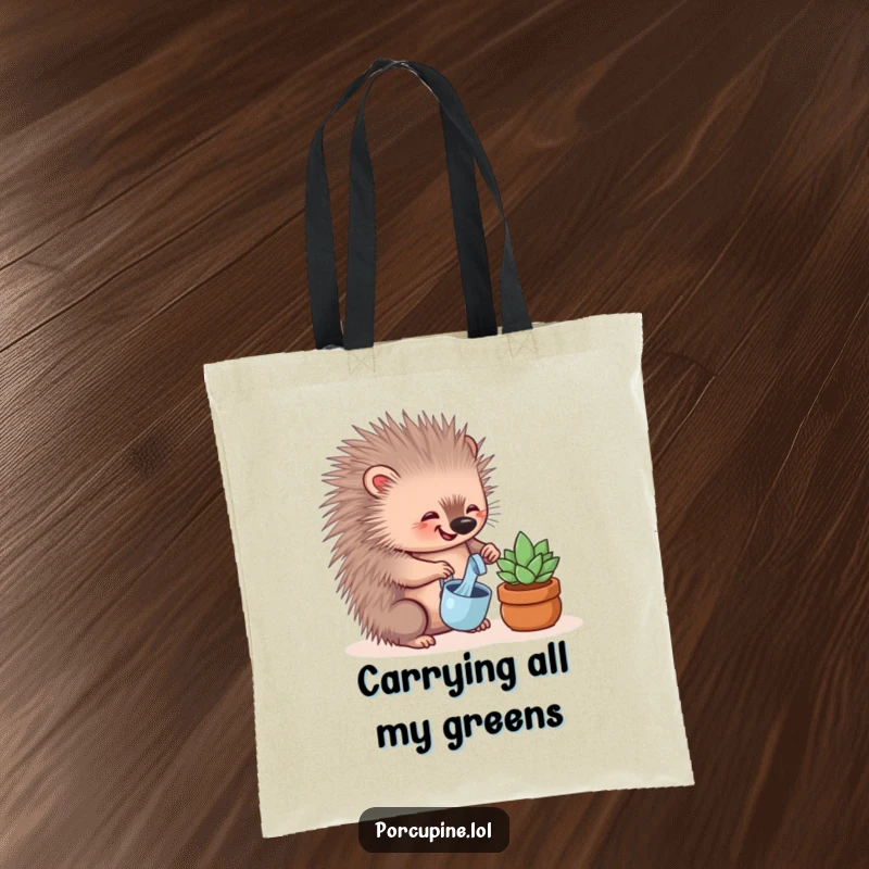 Funny tote bag illustration of a delighted porcupine watering a tiny succulent, emphasizing charming and humorous plant care.