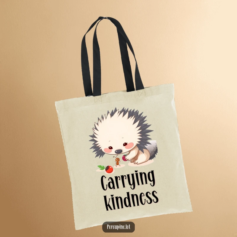 Funny tote bag illustration of a porcupine sharing a berry with a tiny ant, perfect for carrying essentials with a message of kindness.