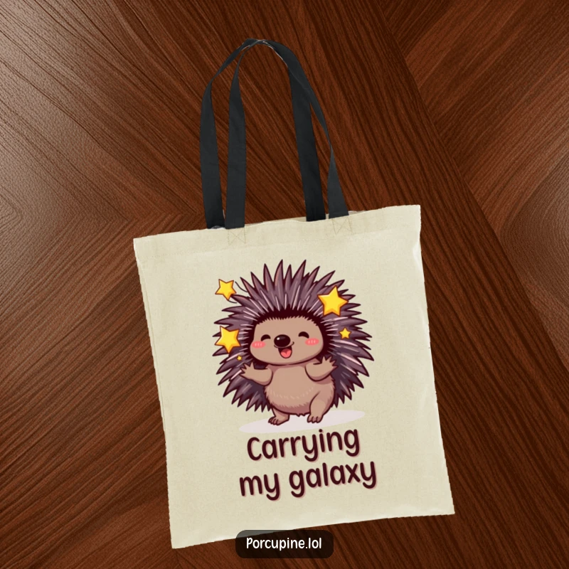 Funny Porcupine Tote Bag: Porcupine playfully juggles sparkling stars with its quills, perfect for carrying your magical finds.